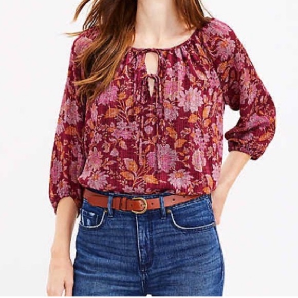 LOFT Tops - Loft Floral Tie Neck Blouse
